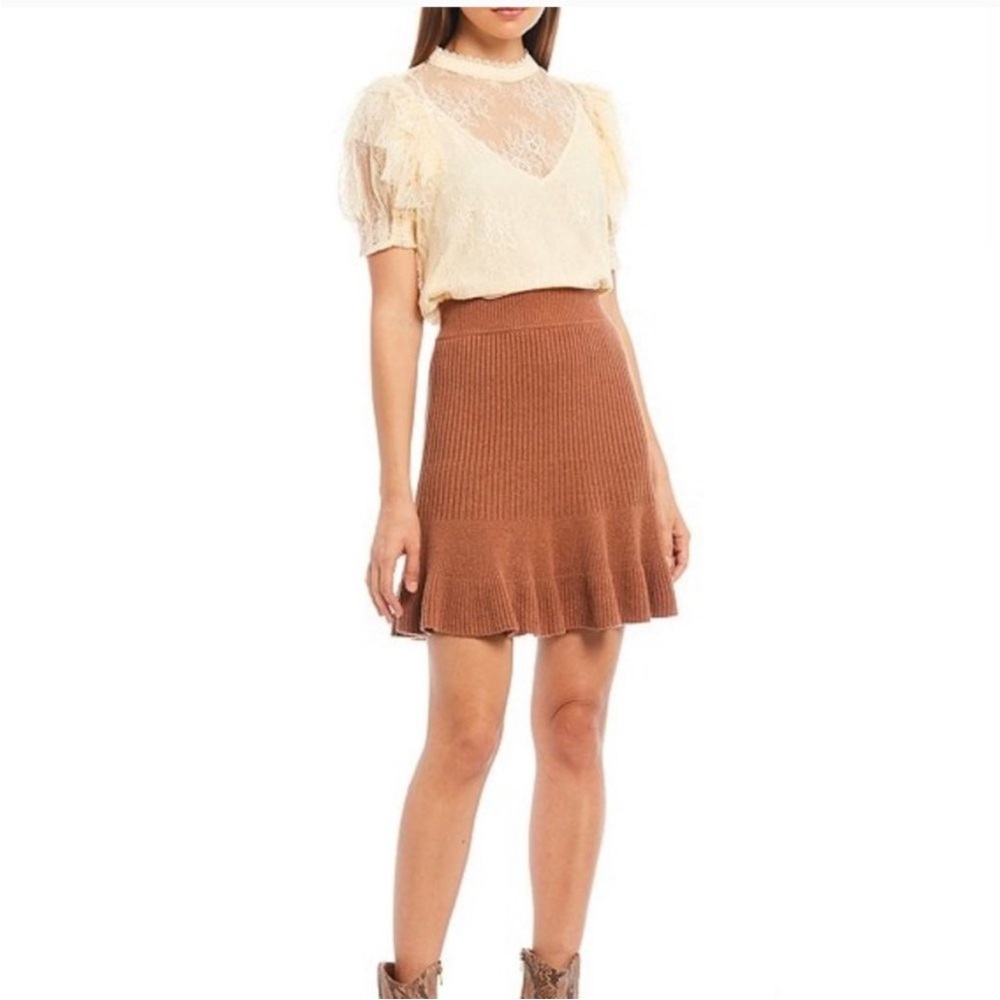 Free People Women’s L Rib Knit‎ Ruffle Skirt Brown High Waist Boho